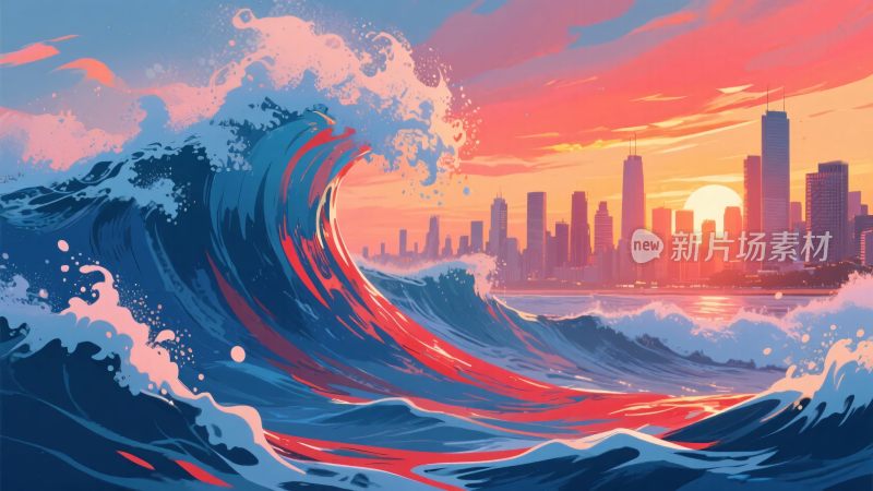 城市旁汹涌海浪的绚丽景象