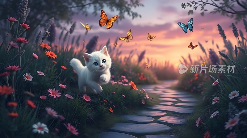 白猫追逐蝴蝶日落花丛小径间