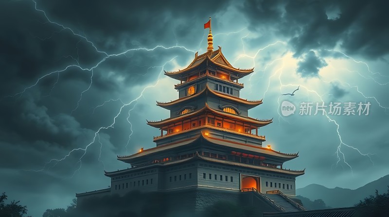 雷雨夜下的古塔