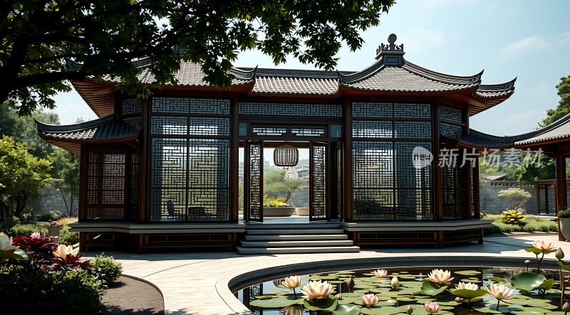 古风园林亭台楼阁荷花池