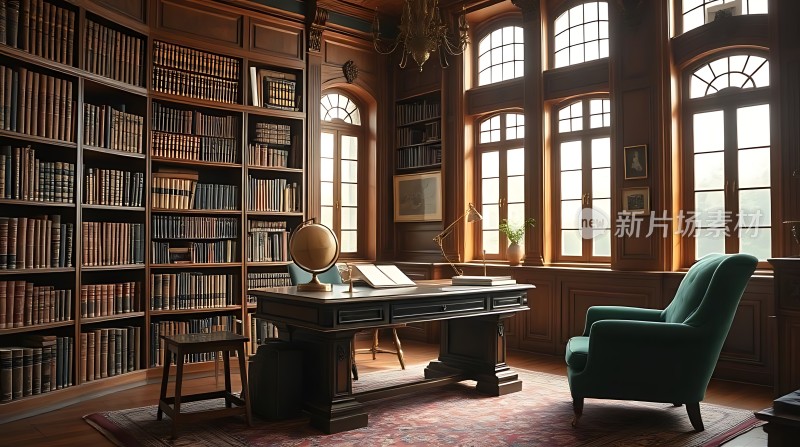 古色古香书房木质书架、绿色沙发椅、大窗户和地毯