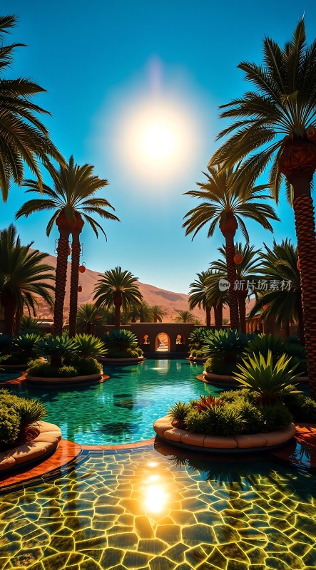 阳光下的热带风情泳池