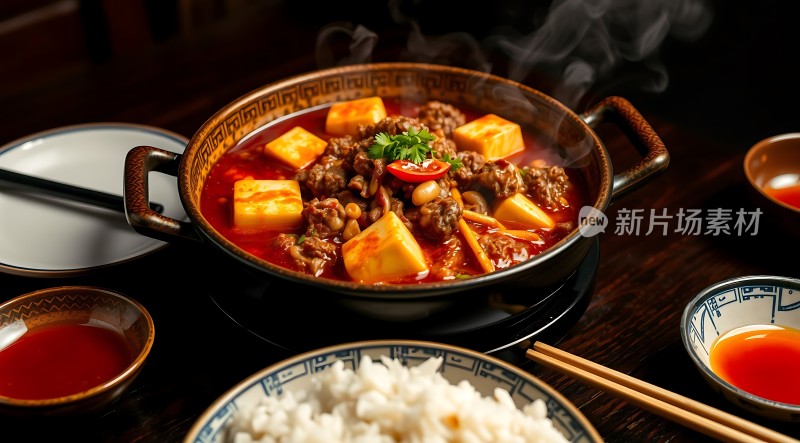 香辣牛肉豆腐煲配米饭