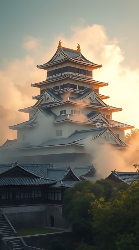 日出时分的白色城堡云雾缭绕金色的塔顶在阳光照耀下熠熠生辉