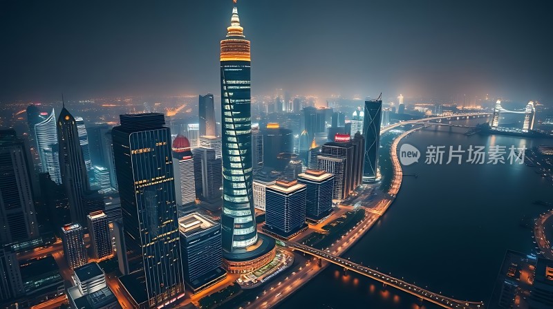 上海夜景东方明珠塔与黄浦江畔摩天大楼群
