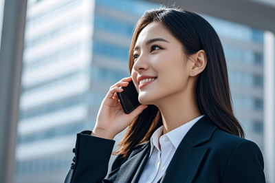 一栋大楼前用手机通话的亚洲妇女高清图片