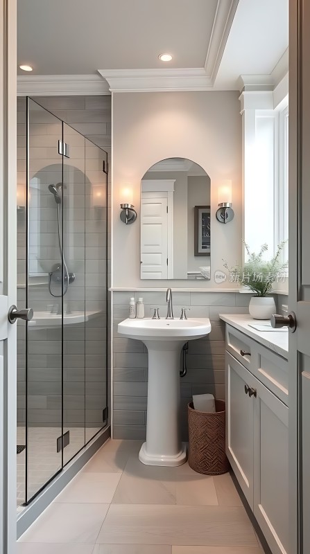 现代简约浴室设计玻璃淋浴房、白色洗手台和镜子