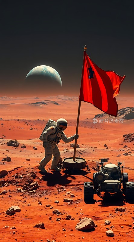 火星探索宇航员插旗