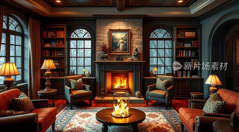 温馨壁炉客厅舒适沙发书架