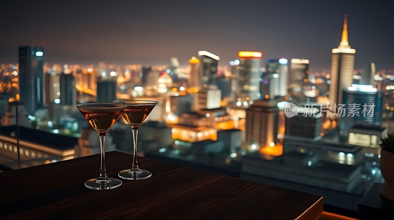 城市夜景下的浪漫鸡尾酒时光