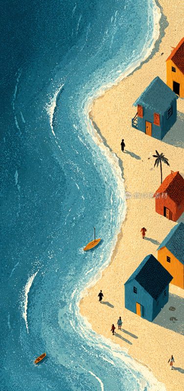 海边村庄插画风景