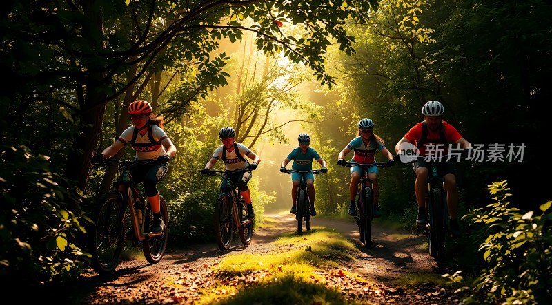 骑行者穿越绿色森林小径