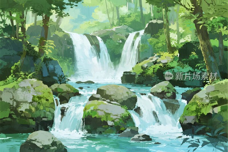 森林瀑布风景插画