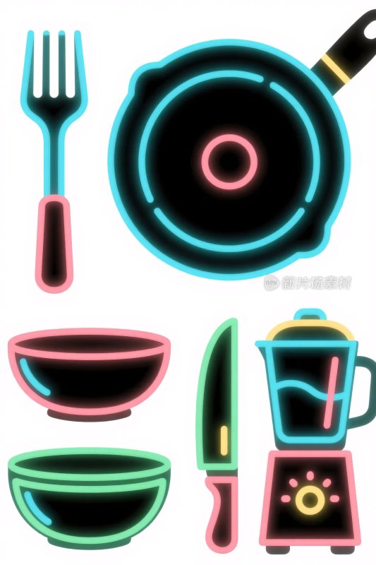 厨房餐具霓虹插画
