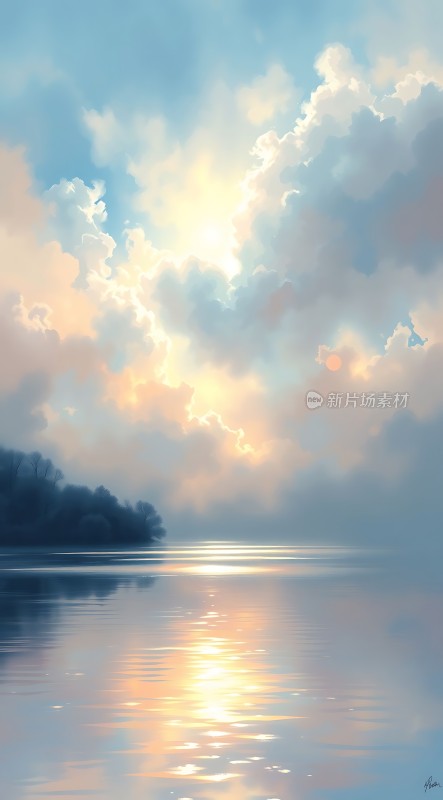 湖畔晨曦映彩霞