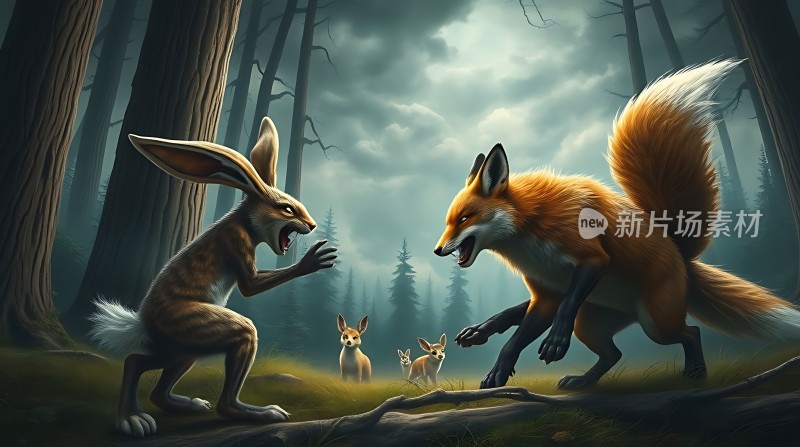 森林里的对峙狐狸与兔子