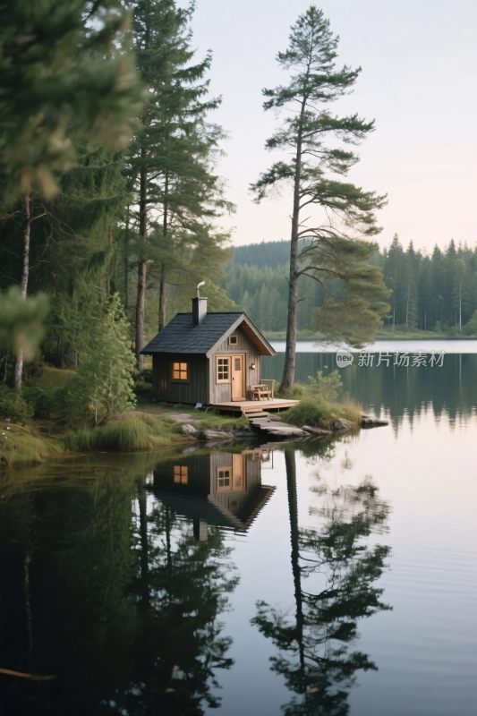 湖边木屋与湖景