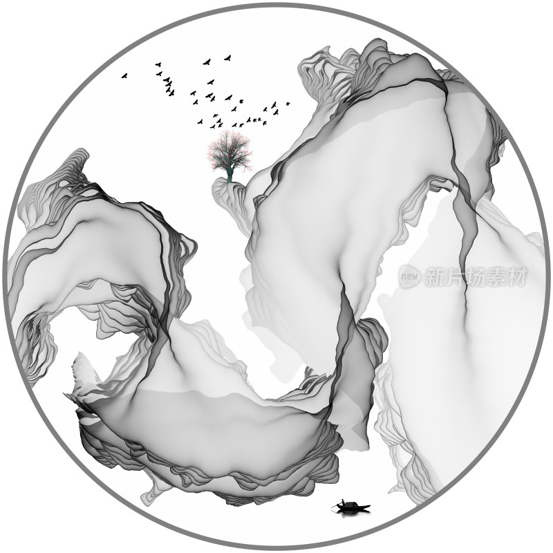 圆形水墨山水装饰画
