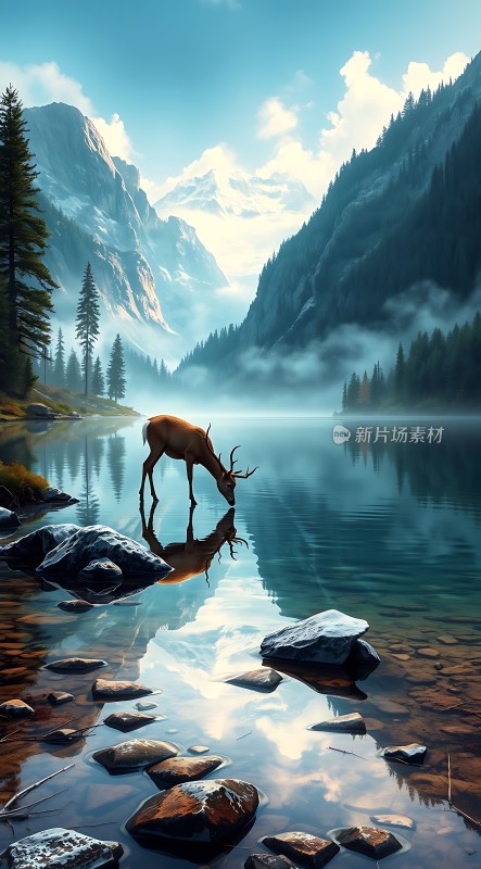 湖畔鹿影映山川