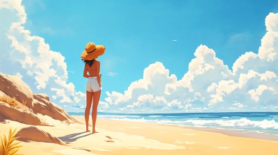 海边少女插画