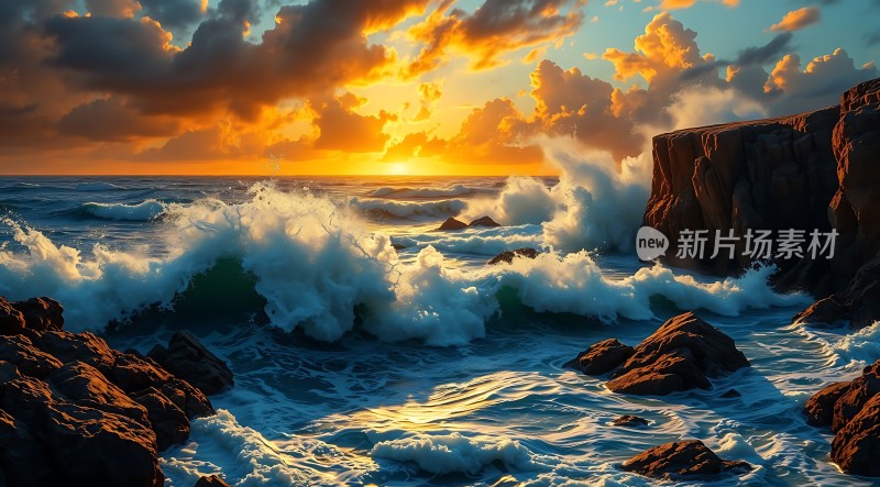 日落时分的海浪与岩石