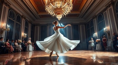 白色舞裙旋转华丽大厅光影交错 白色舞裙旋转华丽大厅光影交错