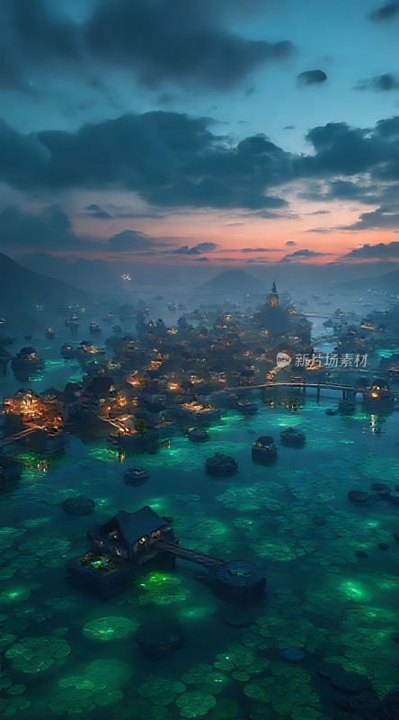 水乡夜色灯火阑珊映碧波