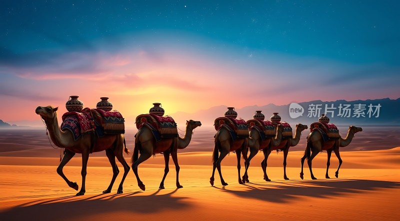 驼队沙漠日落
