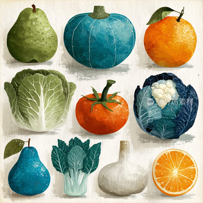 插画风格水果蔬菜集合