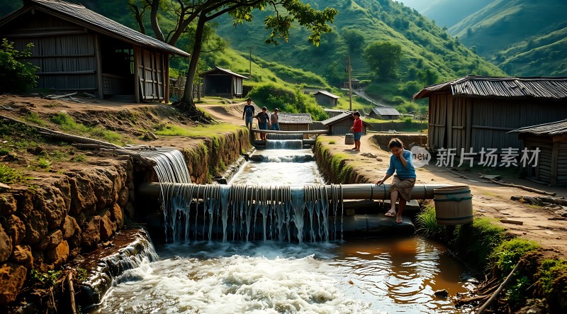 山间小溪旁的宁静生活场景
