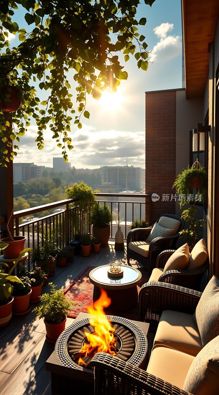 阳光下的温馨露台绿意盎然舒适休闲