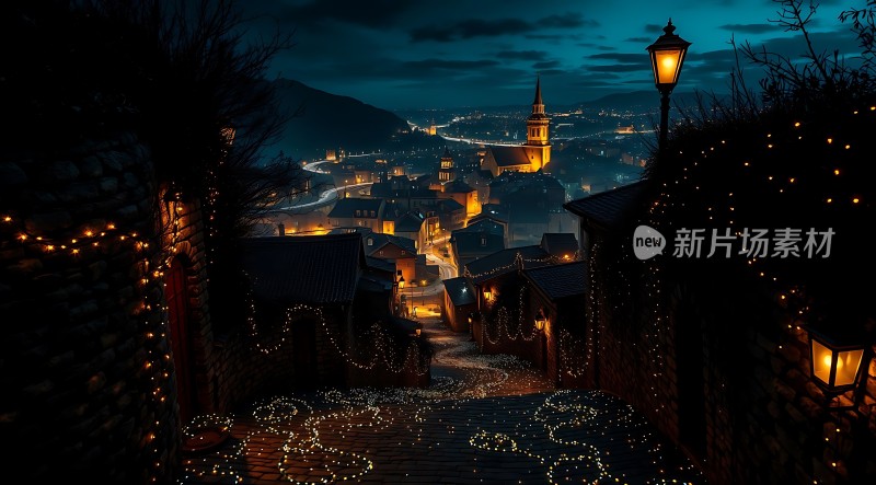 夜幕下的温馨小镇灯光点缀宁静街道