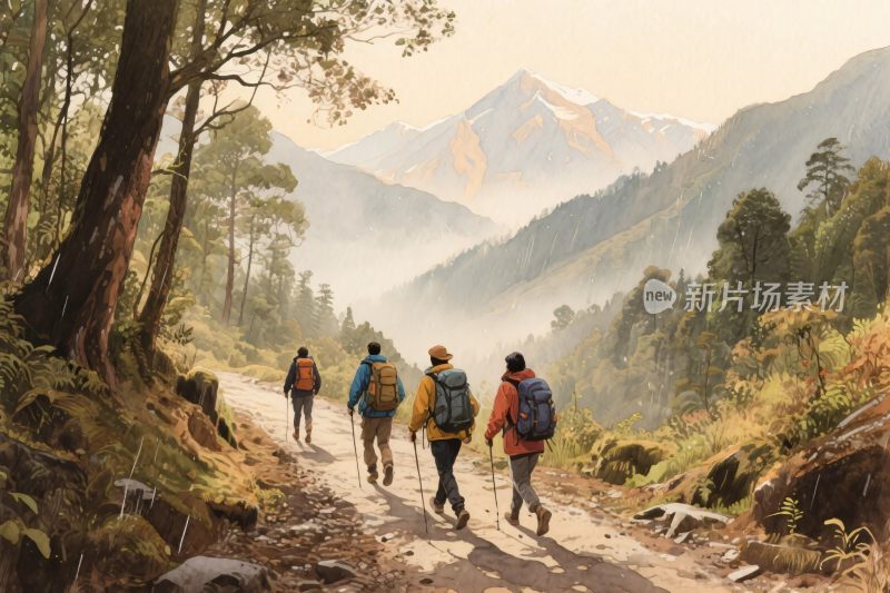 山林徒步风景插画