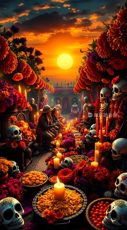 亡灵节祭坛骷髅与花朵共舞