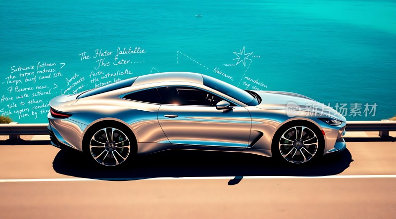 银色跑车驶向大海