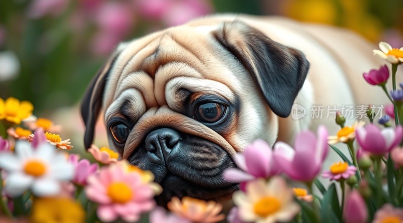 哈巴狗在花丛中探出头