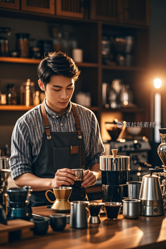 围裙里的男子在咖啡店准备咖啡高清图片