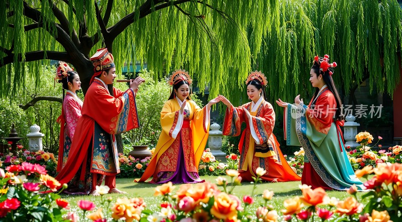 汉服佳人花间舞古风雅韵映园景