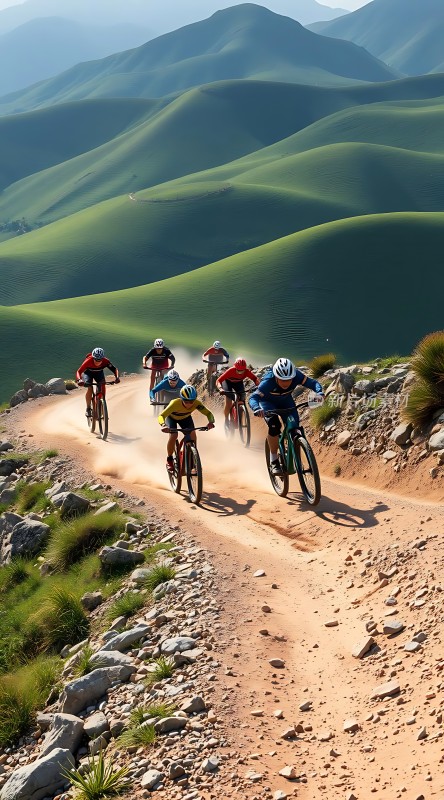 骑行者穿越绿色丘陵