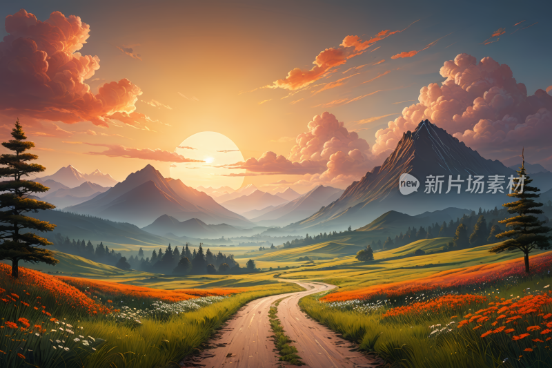 一条通往日落山脉道路高清风景插图片