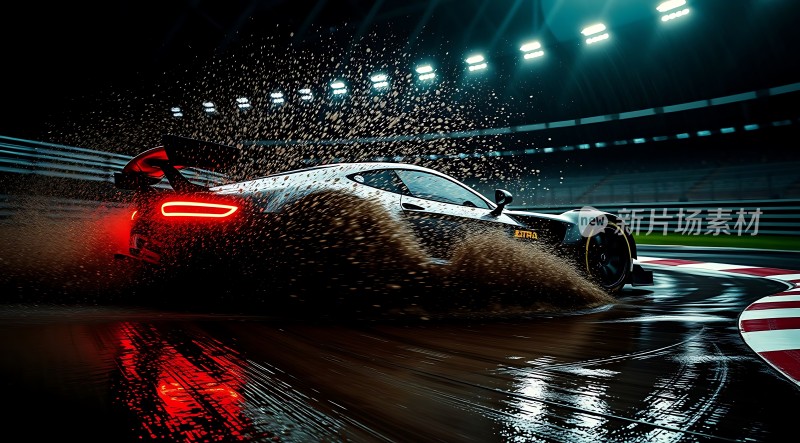 雨夜赛道上的疾驰赛车