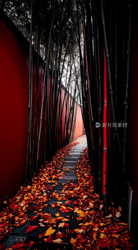 秋日红墙竹影小径幽