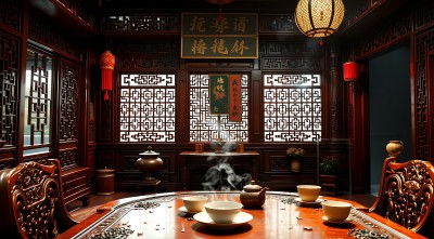 古色古香茶馆红木家具与精美瓷器展现传统韵味