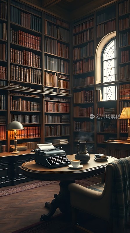 书房一角书架、桌椅与台灯营造温馨氛围