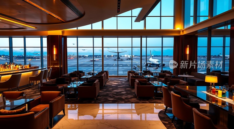 机场豪华休息室俯瞰停机坪舒适座椅与美味佳肴尽享其中