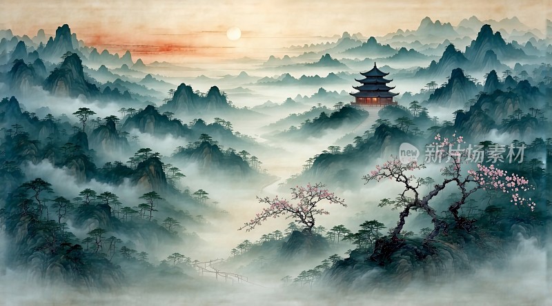 东方仙境雾霭山川与古塔