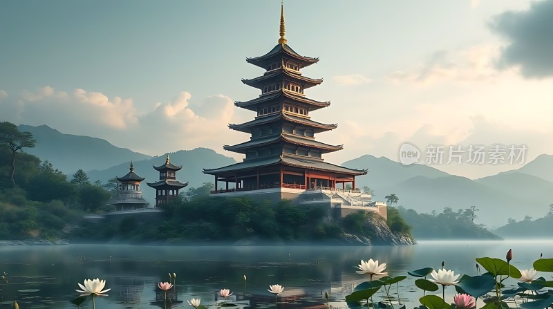 湖畔古塔映白莲