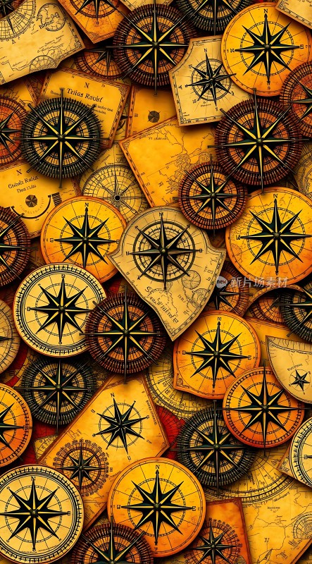 古旧指南针与地图交织
