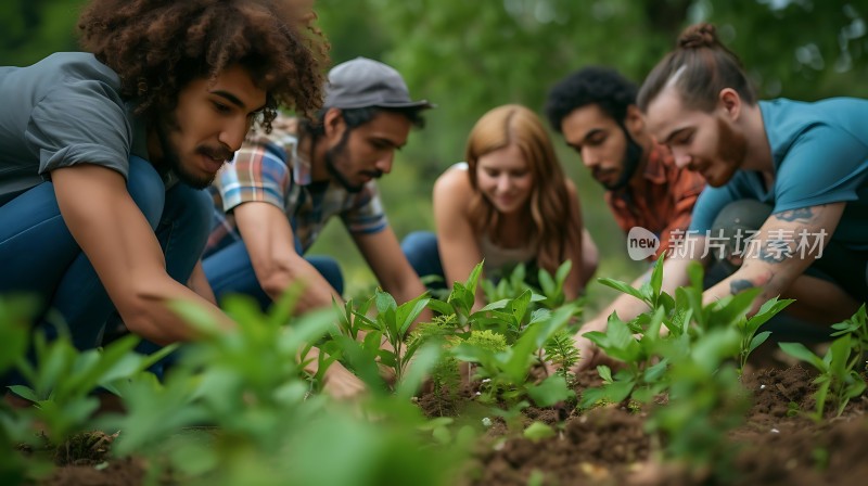 五人合力种树苗共筑绿色未来梦