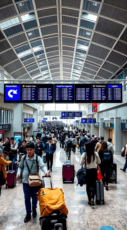 机场候机大厅旅客们拖着行李箱排队等待登机